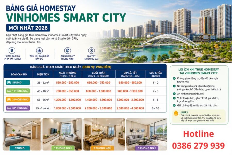 Bảng giá homestay Vinhomes Smart City - Hotline: 0386 279 939